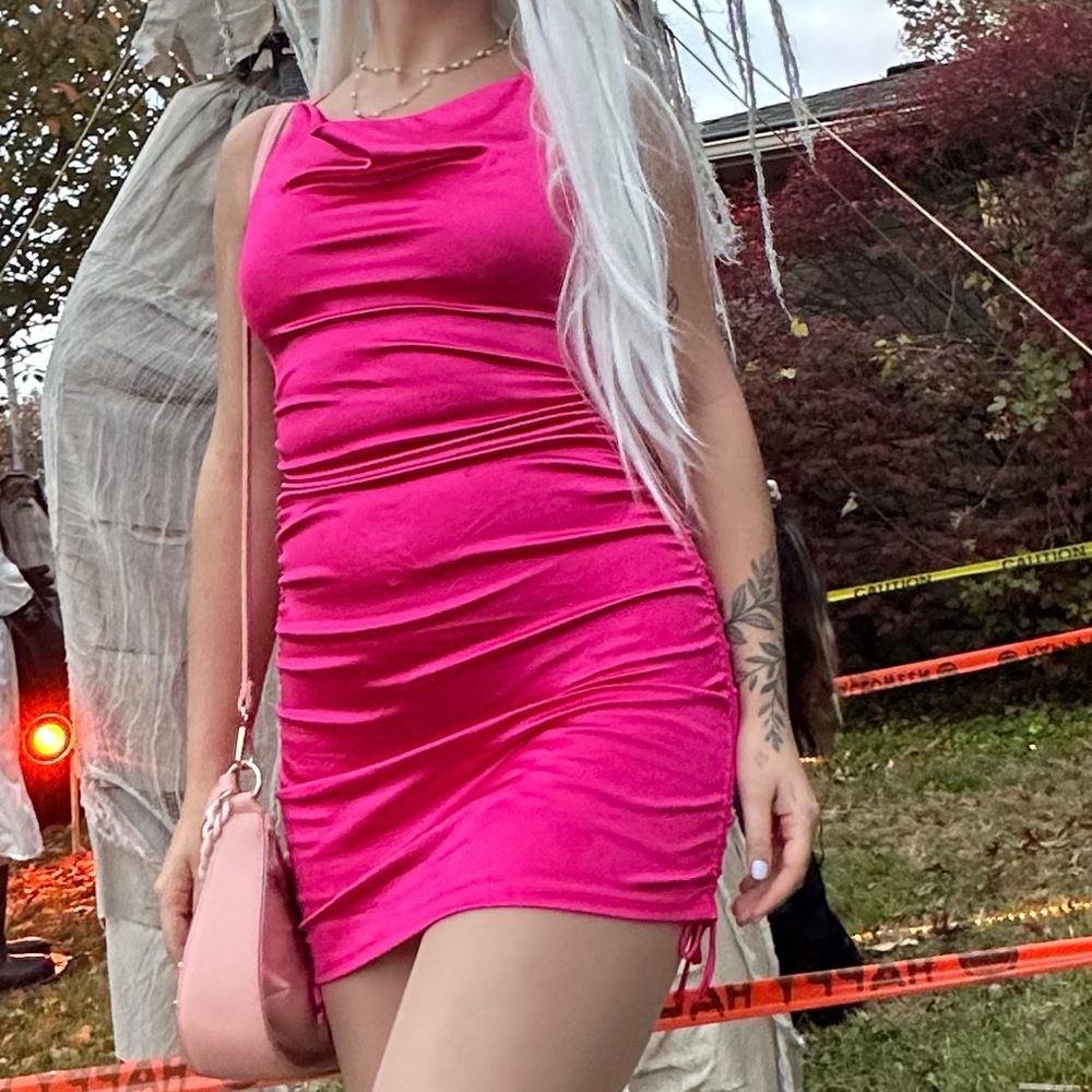 Barbie pink stretchy bodycon dress with scrunched tied sides and scoop neck